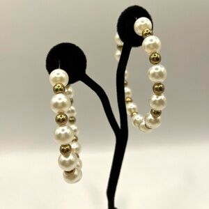Large Faux Pearl and Gold beads 3” Round  hoop earrings 70’s vibe